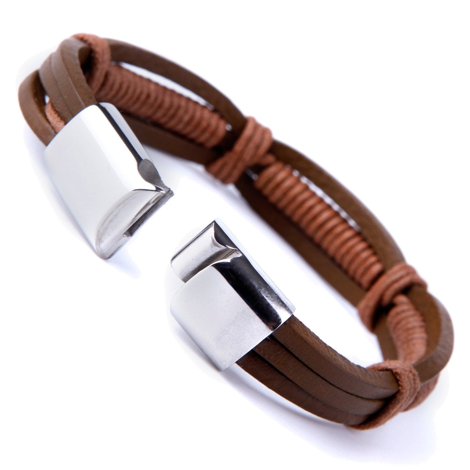 Urban Jewelry Stunning Brown Cuff Leather Bracelet for Men with Elegant Stainless Steel Clasp