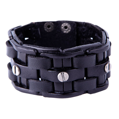 Urban Jewelry Gothic Men's Army Style Coal Black Cuff Genuine Leather Bracelet with Metal Silver Tone Screws