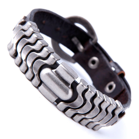 Urban Jewelry Powerful Dark Brown Leather Cuff Bracelet with Metal Design and Buckle Clasp (Adjustable)