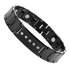 Elegant Black Solid Tungsten Link Bracelet with Magnet and 5 Cubic Zirconia Stone