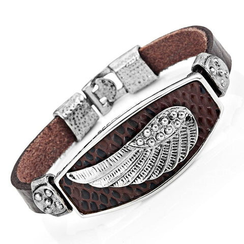 Mens Angels Wing Chocolate Brown Genuine Leather Cuff Bracelet (Silver Color)
