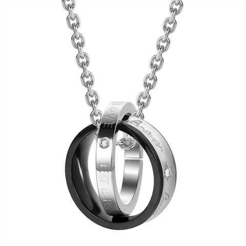 His & Hers Couples Engraved Double Ring Pendant Necklace