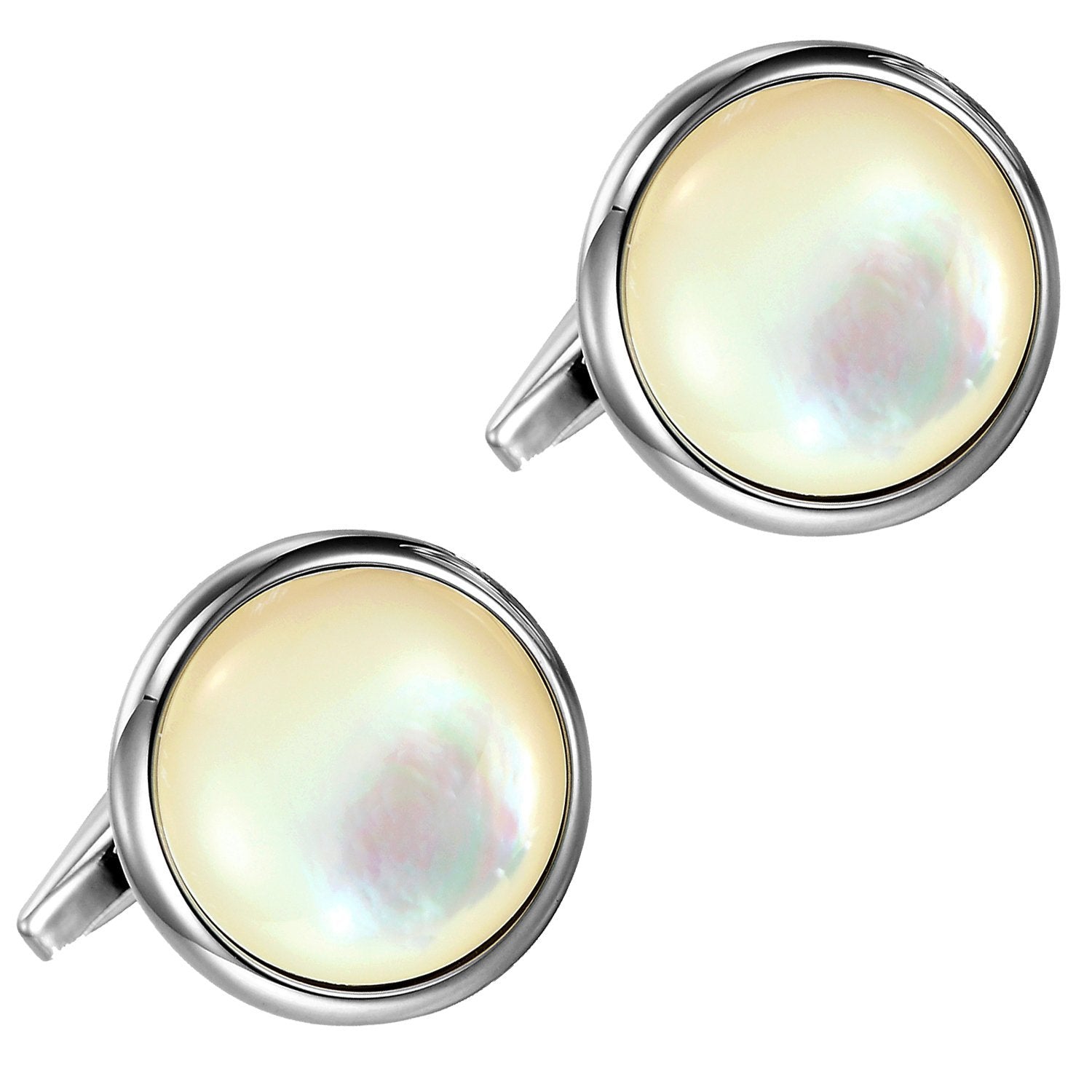 Urban Jewelry Unique 316L Stainless Steel Men's Round Cufflinks with Real Shell (Silver)