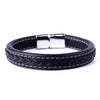 Image of Elegant Black Cuff Genuine Leather Bracelet for Men with Elegant 316L Stainless Steel Clasp
