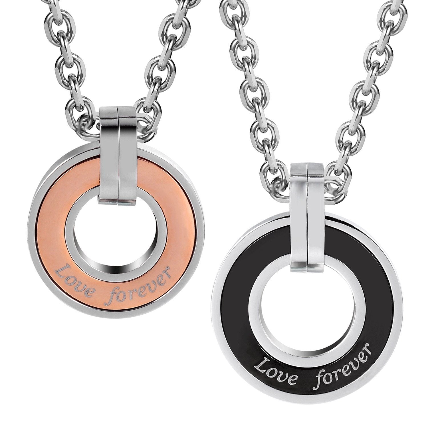 Urban Jewelry Stunning 2pcs His & Hers Love Forever Couples Round Pendant Necklace Set with 19" & 21" Chain
