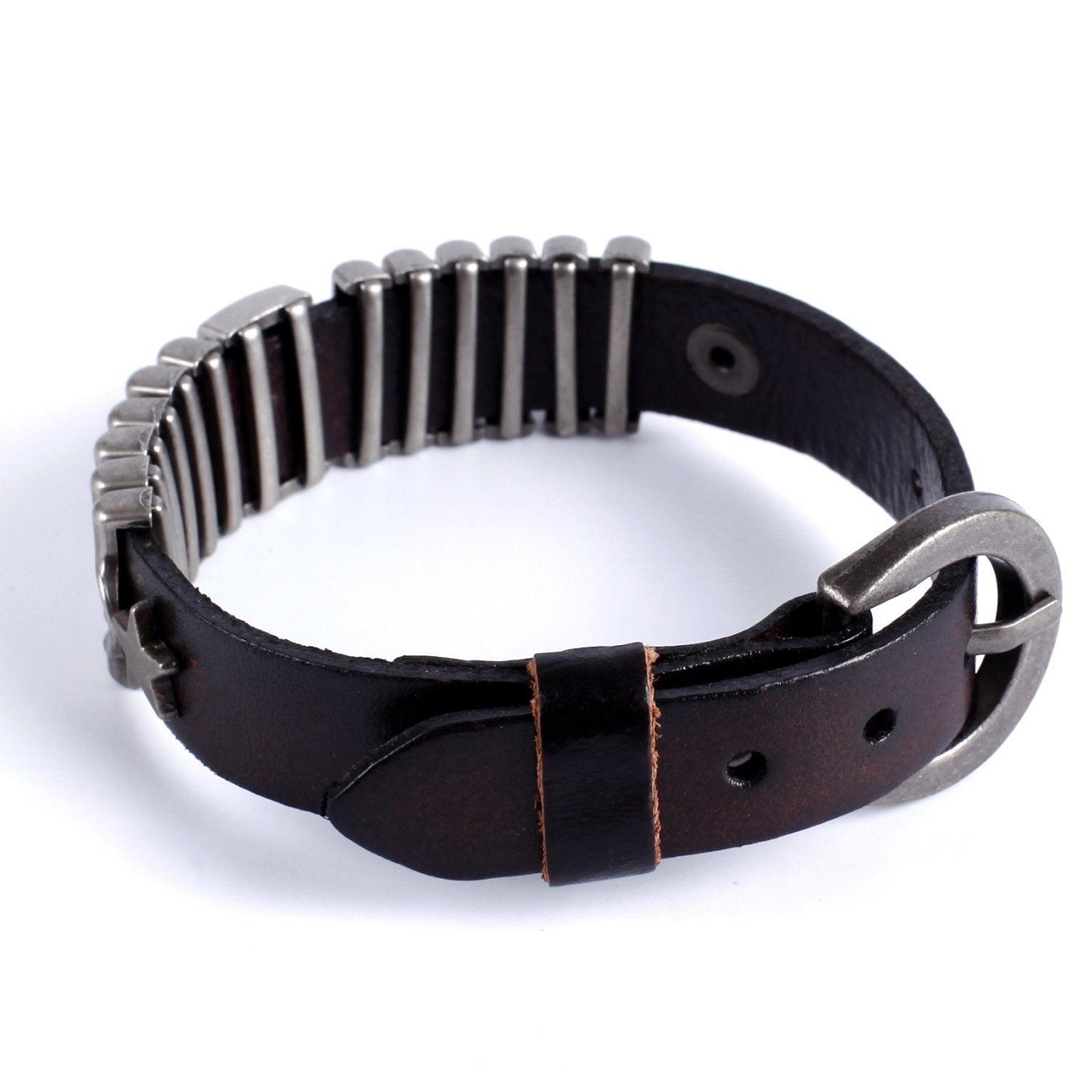 Urban Jewelry Powerful Dark Brown Leather Cuff Bracelet with Metal Design and Buckle Clasp (Adjustable)