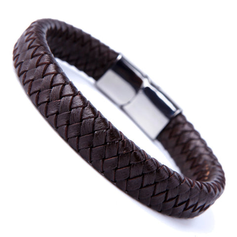 Urban Jewelry Men's Deep Brown Braided Genuine Leather Cuff Bracelet with Elegant 316L Stainless Steel Clasp