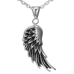 Urban Jewelry Vintage Men's Stainless Steel Angel Wing Pendant 21 Inch Chain (Black, Silver)