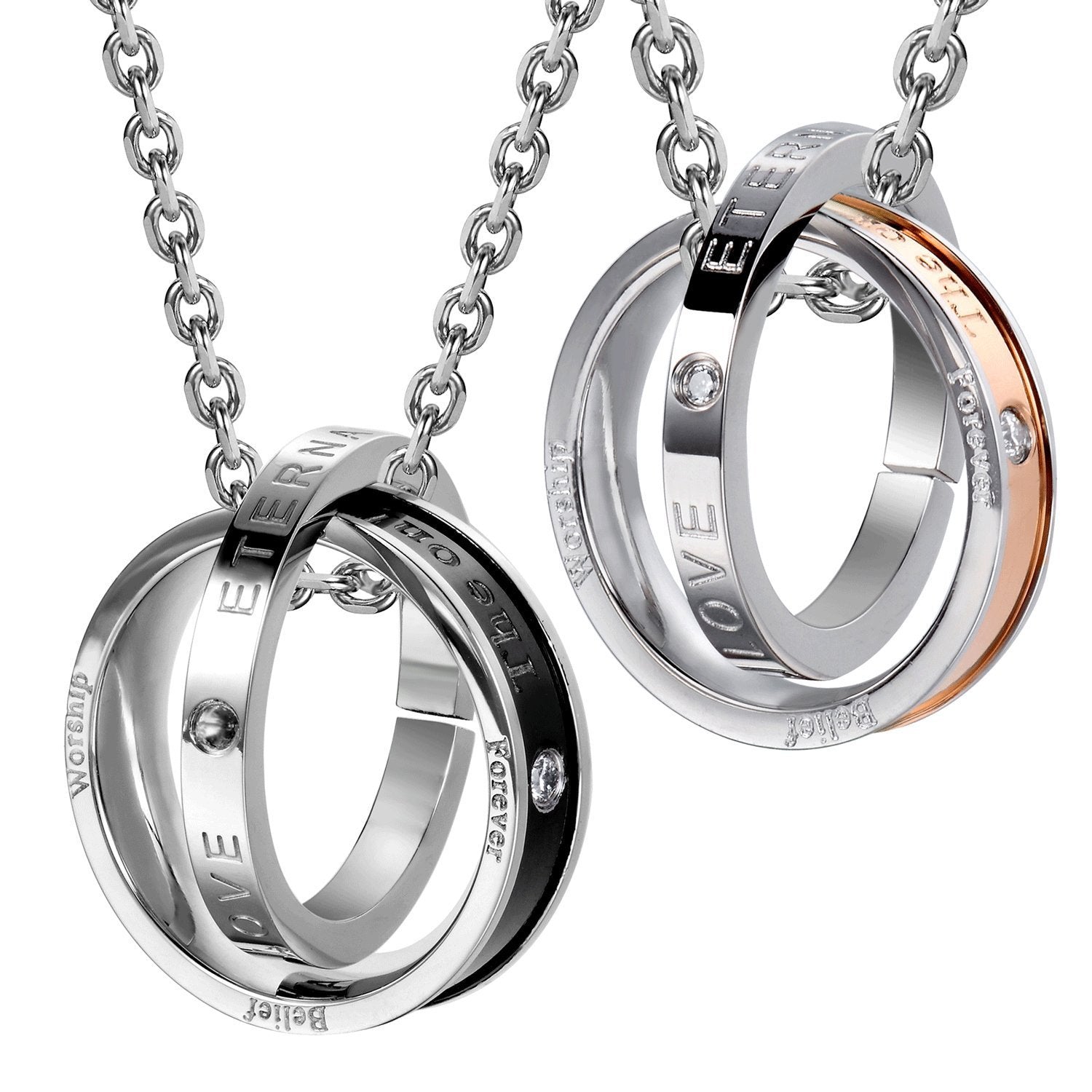 His & Hers Couples Engraved Double Ring Pendant Necklace