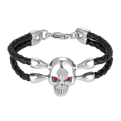 Bold Men’s Biker Bracelet, Skull in a Stainless Steel Polished Silver Finish, Black Genuine Leather Rope Cord