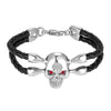 Image of Bold Men’s Biker Bracelet, Skull in a Stainless Steel Polished Silver Finish, Black Genuine Leather Rope Cord