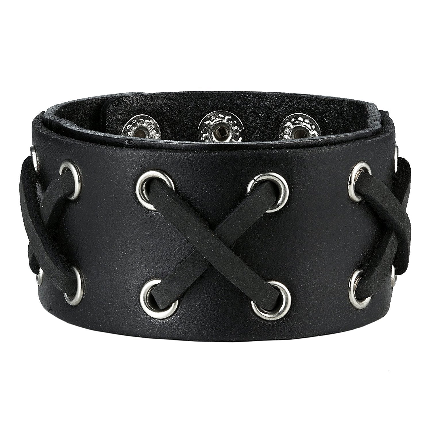 Urban Jewelry Black Genuine Leather Cuff Bangle Men's Bracelet Bold Punk Style (adjustable 8.25 inches)
