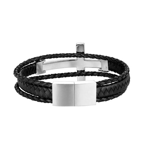 Urban Jewelry Trendy Men’s Cross Bracelet – Lord’s Cross in a Lustrous Gold or Silver Finish – Rust & Discoloration Resistant Stainless Steel Charm – Black Genuine Leather Rope Cord