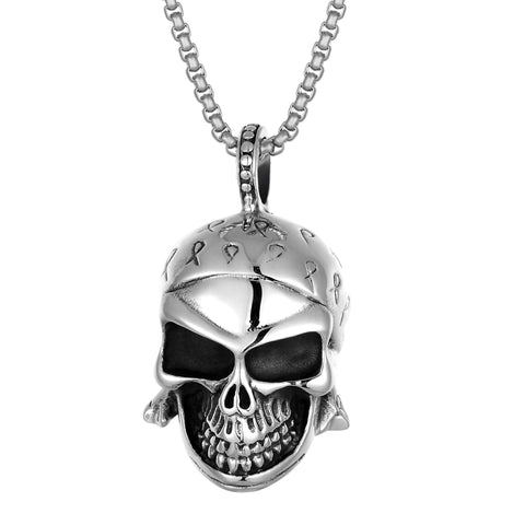 Bold Men’s Biker Necklace – Death’s Head Skull Pendant in a Polished Black and Silver Finish – Rust & Discoloration Resistant Stainless Steel Pendant and Chain – Jewelry Gift or Accessory for Men