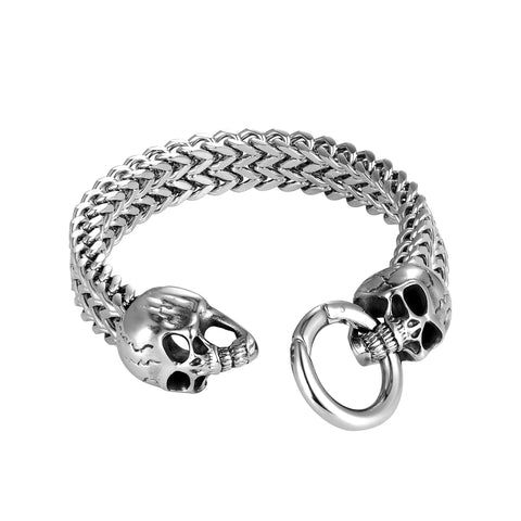 Bold Men’s Biker Bracelet, Foxtail Chain with Skull Design, Stainless Steel Polished Silver Finish