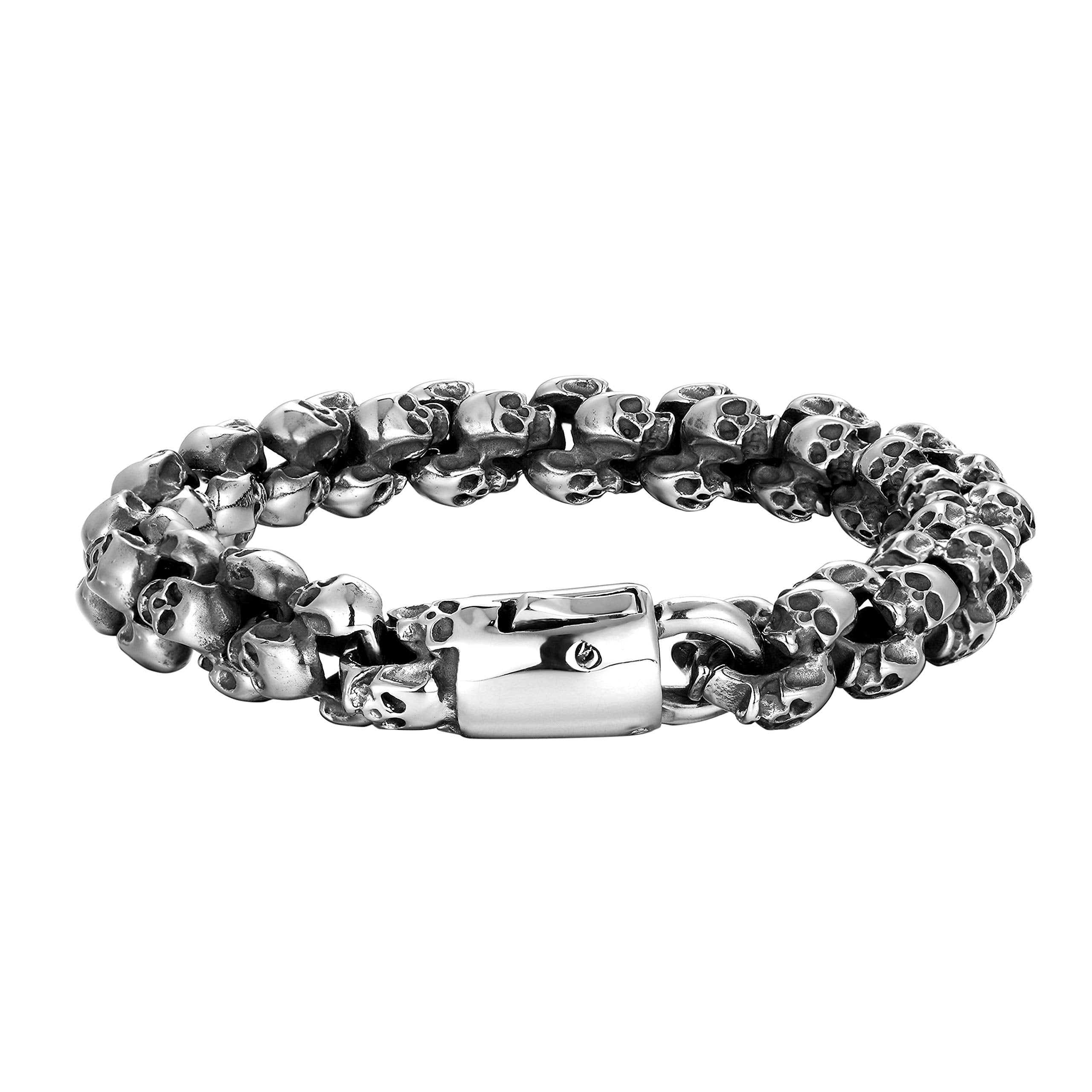 Men’s Biker Bracelet, Double Link Chains Embellished with Rows of Skull's in a Stainless Steel Polished Silver Finish