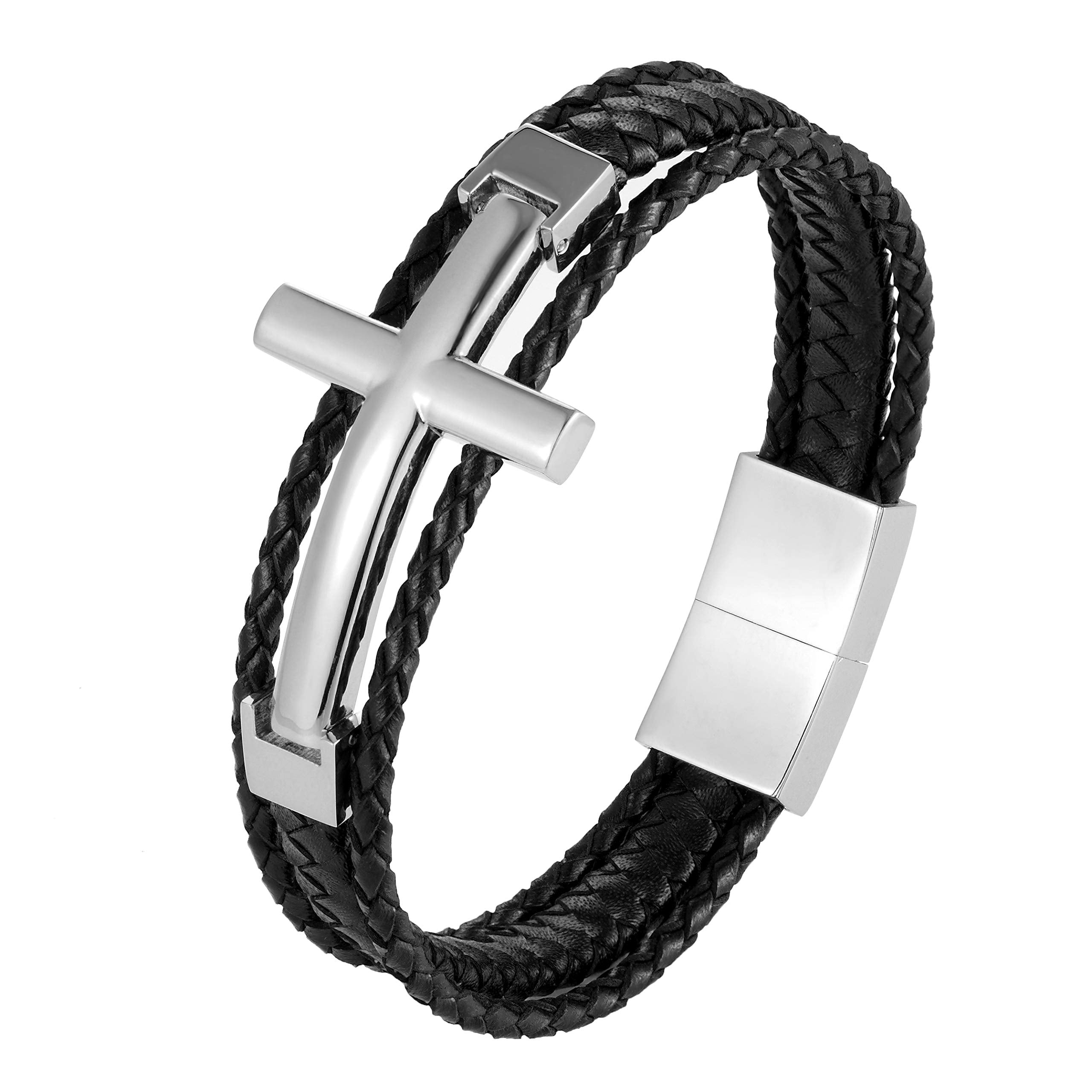 Urban Jewelry Trendy Men’s Cross Bracelet – Lord’s Cross in a Lustrous Gold or Silver Finish – Rust & Discoloration Resistant Stainless Steel Charm – Black Genuine Leather Rope Cord