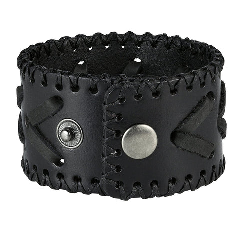 Men's Arrow Patterning Black Genuine Leather Cuff Bangle Bracelet (adjustable 8.3 inches, 1.6 inches width)