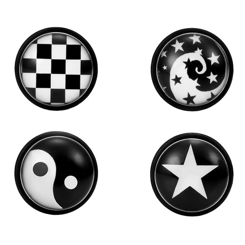 Mens 4 Pairs Stainless Steel Stud Earrings Set with Star, Swirl, Checkered and Yin & Yang Designs