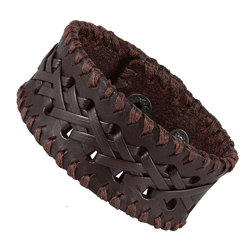 Urban Jewelry Men's Brown Genuine Leather Cuff Bangle Bracelet Weave Design (8.25", 1.2" width)