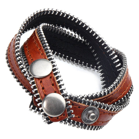 Urban Jewelry Zipper Style Brown Genuine Leather Wrap Cuff Bracelet for Men