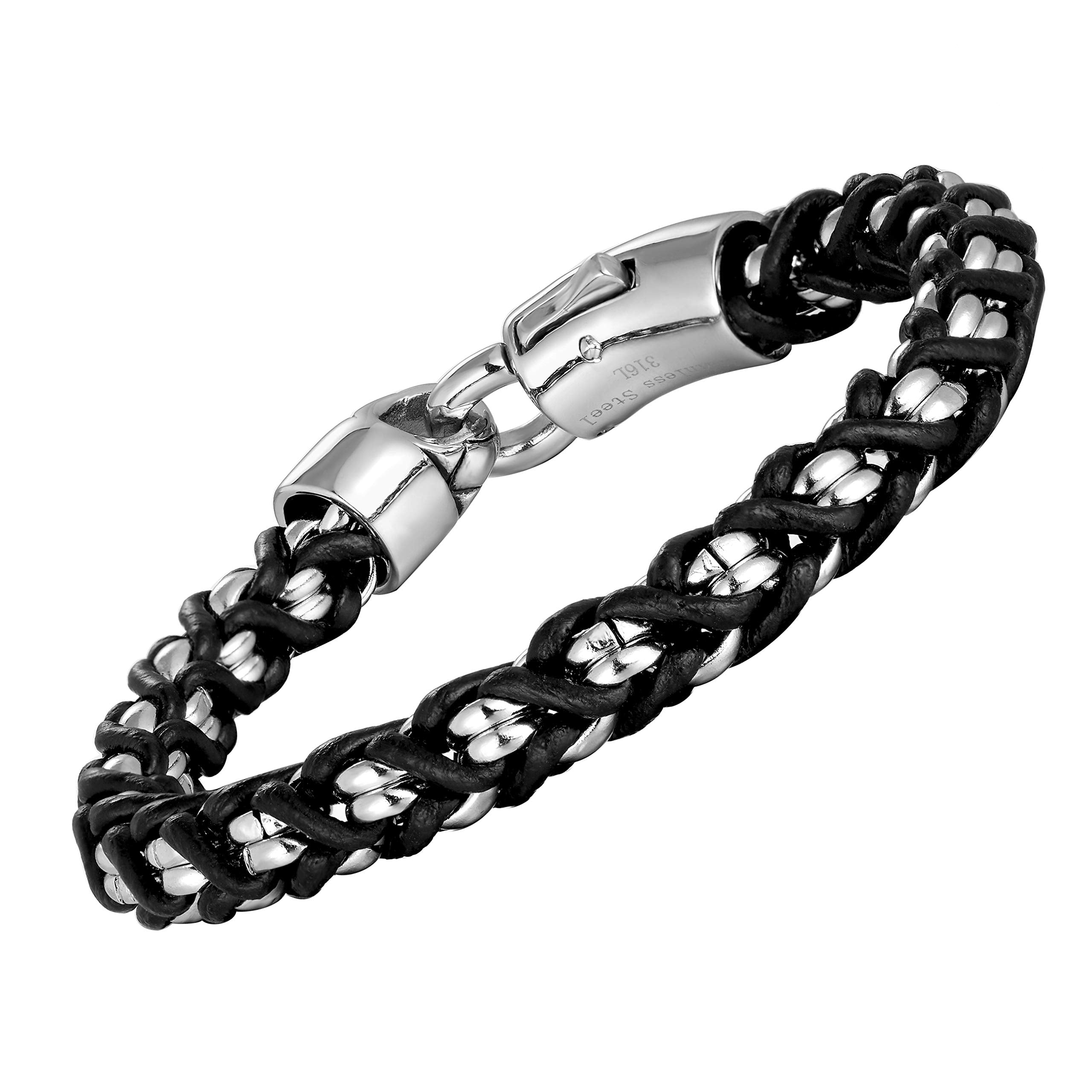 Contemporary Men’s Bracelet – Classic Link Chain with Trendy Intertwining Rope Detail – Black & Polished Silver Color – Stainless Steel & Genuine Leather Material – Jewelry Gift or Accessory for Men