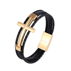 Urban Jewelry Trendy Men’s Cross Bracelet – Lord’s Cross in a Lustrous Gold or Silver Finish – Rust & Discoloration Resistant Stainless Steel Charm – Black Genuine Leather Rope Cord