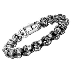 Men’s Biker Bracelet, Double Link Chains Embellished with Rows of Skull's in a Stainless Steel Polished Silver Finish