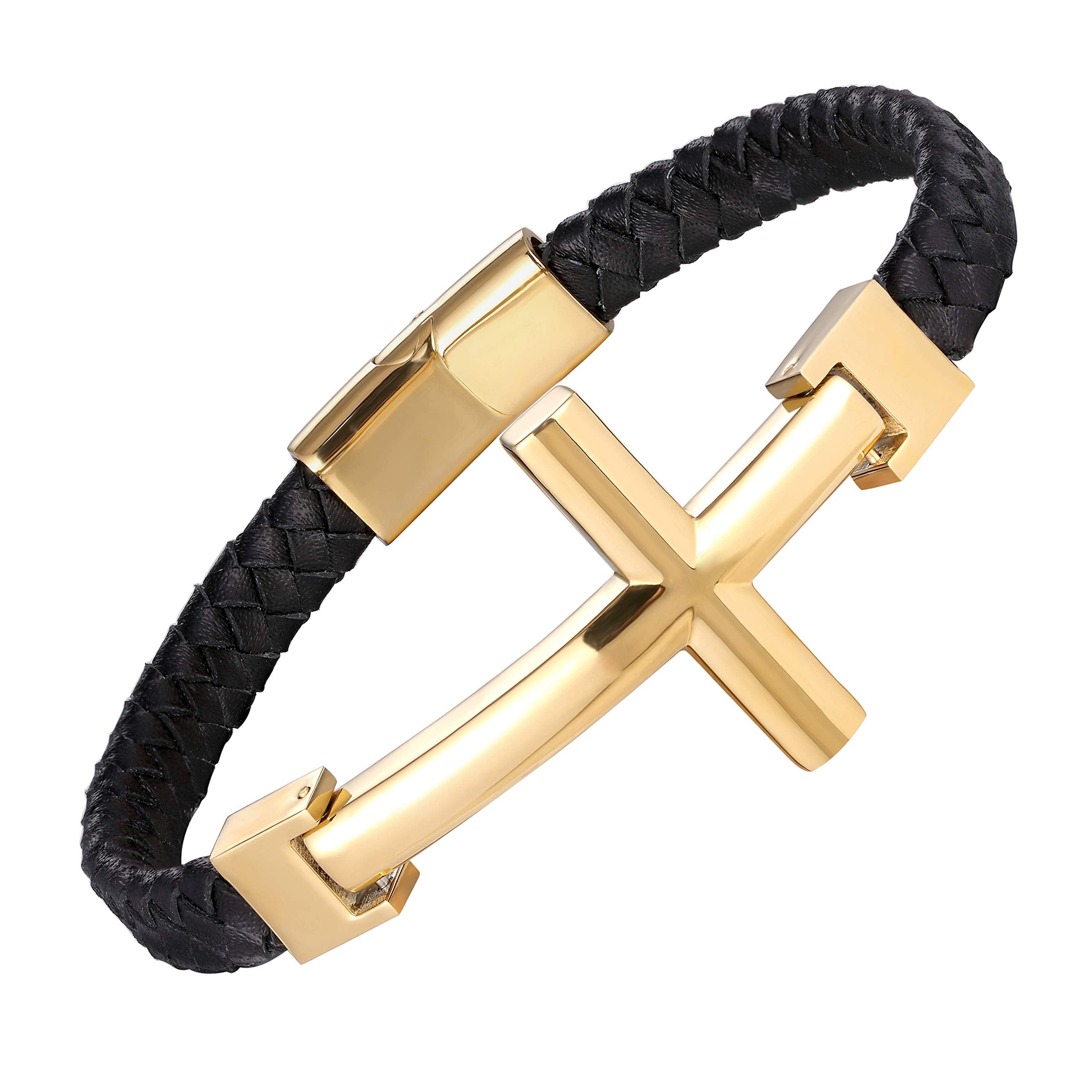 Urban Jewelry Trendy Men’s Cross Bracelet – Lord’s Cross in a Luminous Silver or Gold Finish – Rust & Discoloration Resistant Stainless Steel Charm – Black Genuine Leather Rope Cord