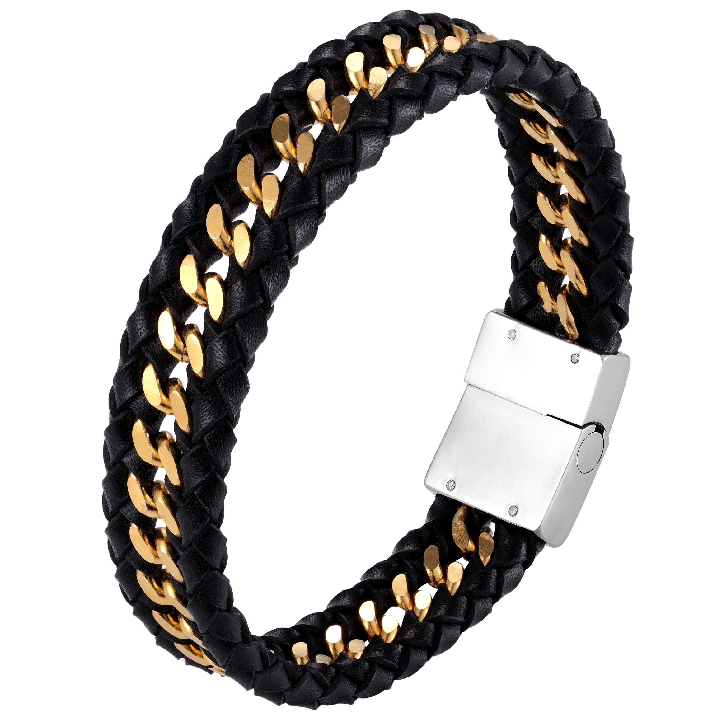 Stylish Contemporary Men’s Bracelet – Braided Rope with Gourmette Chain Design – Black and Polished Gold Color – Made of Stainless Steel & Genuine Leather – Jewelry Gift or Accessory for Men