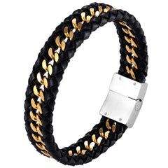 Stylish Contemporary Men’s Bracelet – Braided Rope with Gourmette Chain Design – Black and Polished Gold Color – Made of Stainless Steel & Genuine Leather – Jewelry Gift or Accessory for Men
