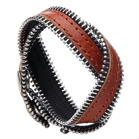Urban Jewelry Zipper Style Brown Genuine Leather Wrap Cuff Bracelet for Men