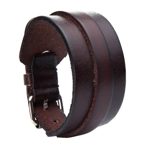 Urban Jewelry Stunning Adjustable Dark Brown Cuff Leather Bracelet for Men (Metal Buckle Clasp)