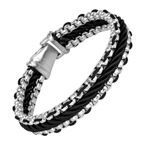 Contemporary Men’s Bracelet – Metallic Bead Chain Design with Contemporary Black Leather Detail –Genuine Leather & Stainless Steel – Black & Polished Silver Color – Jewelry Gift or Accessory for Men