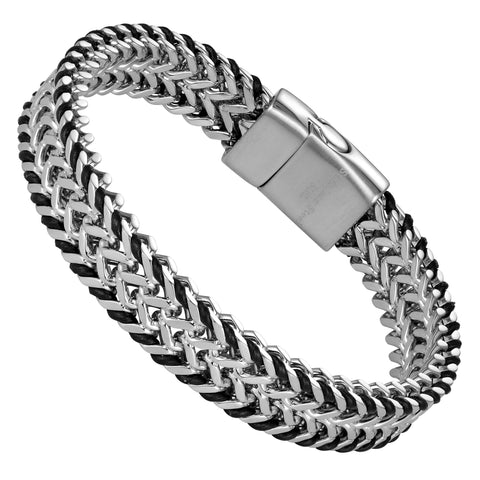 Handsome Men’s Bracelet – Mesmerizing Silver Finish Foxtail Chain with Black Genuine Leather Detail – Rust & Discoloration Resistant Stainless Steel Chain – Jewelry Gift or Accessory for Men