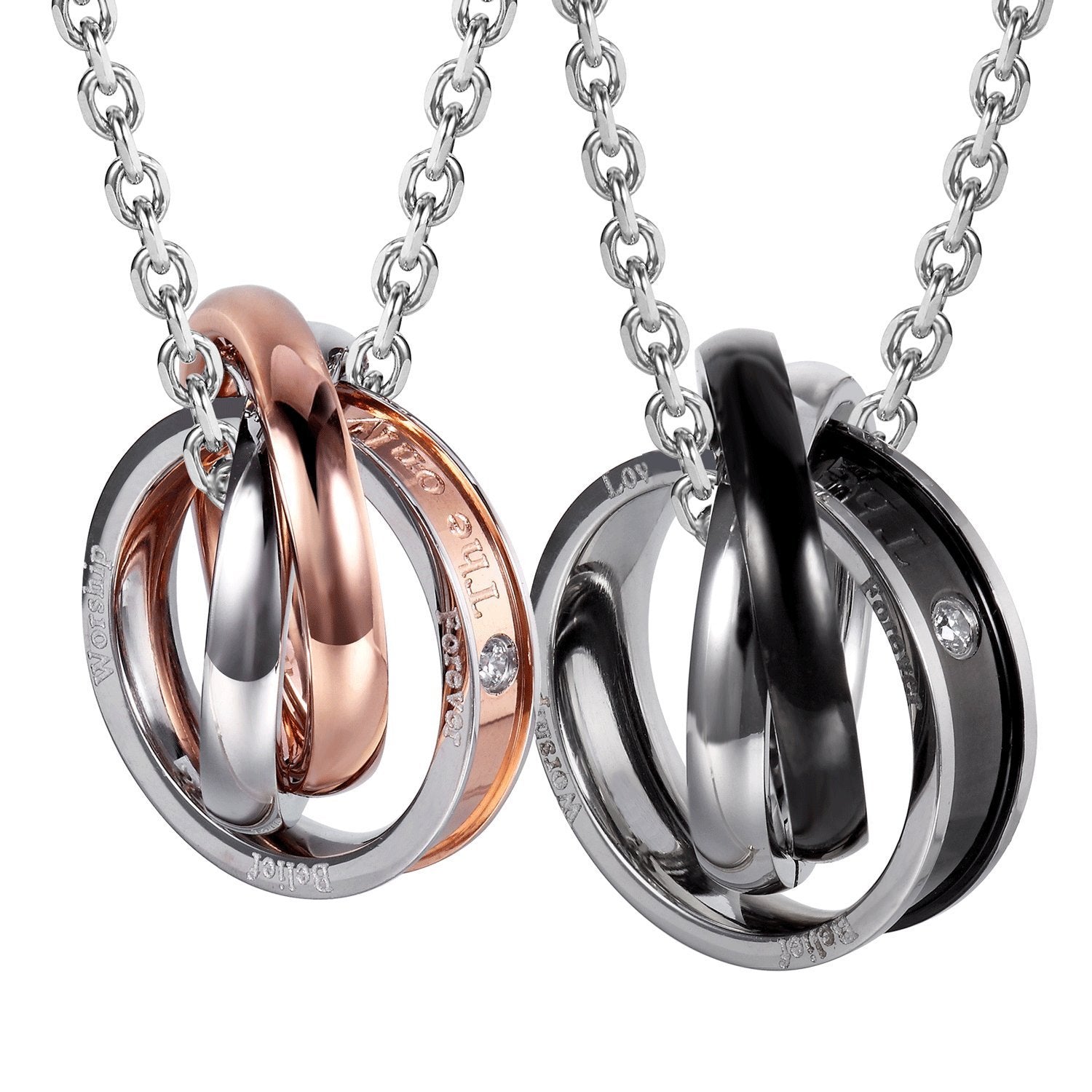 His & Hers Couples Engraved Double Ring Pendant Necklace