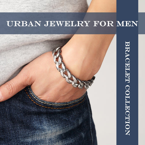 Urban Jewelry Beautiful Fleur De Lis Stainless Steel Link Bracelet for men (Silver, 8.5 Inches)