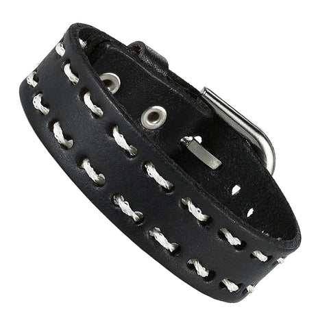 Men's Black & White Genuine Leather Cuff Bangle Bracelet Classic Style Accessory (Adjustable 6.3-8.25 inches)