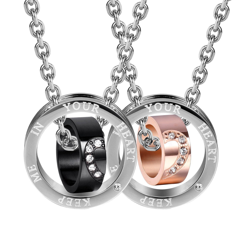 2 pcs His Hers Couples Matching Pendant Necklace Stainless Steel Ring Chain  Gift