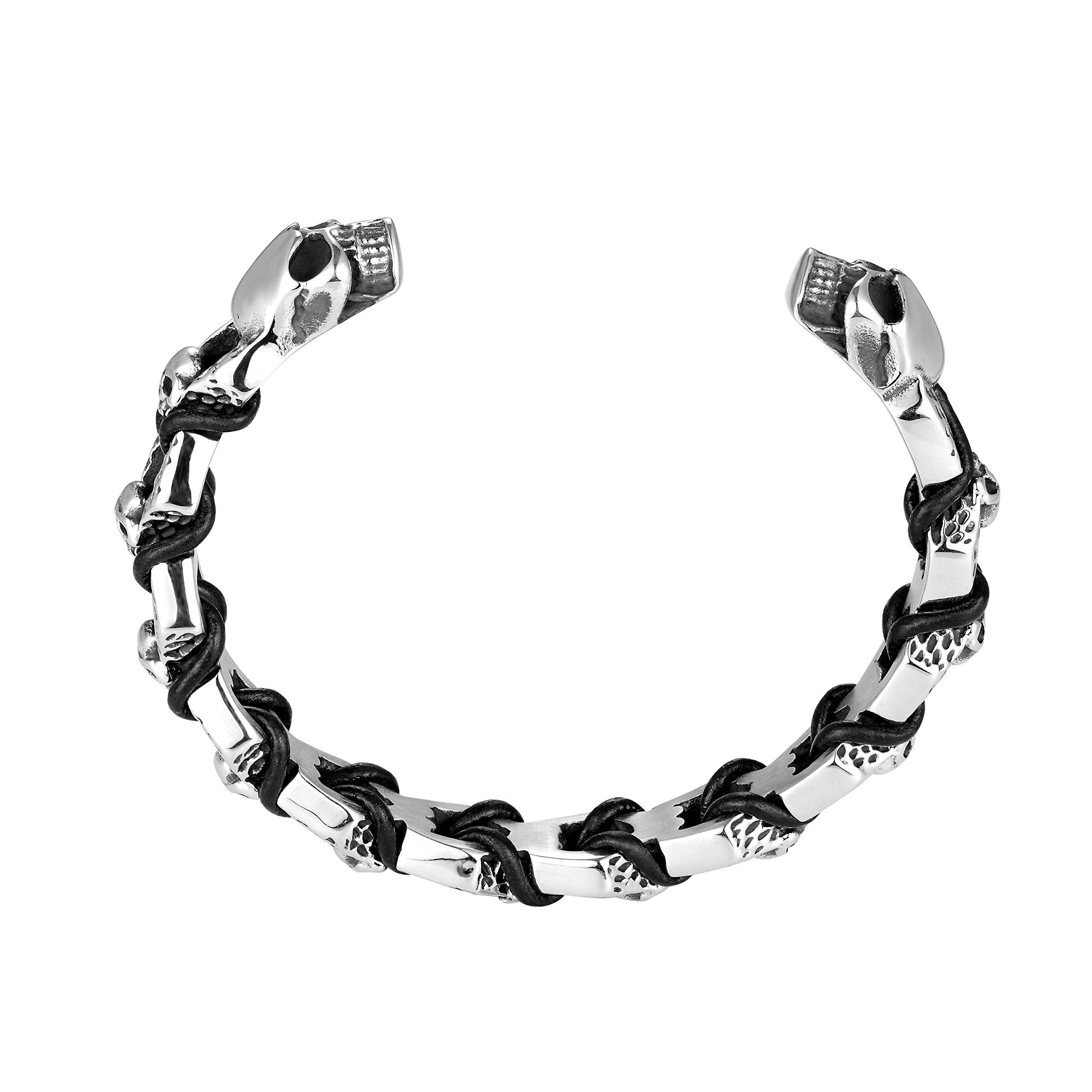 Bold Men’s Biker Bracelet – Death’s Skull Design in a Polished Silver Finish Band – Rust & Discoloration Resistant Stainless Steel with Black Genuine Leather Detail– Jewelry Gift for Men