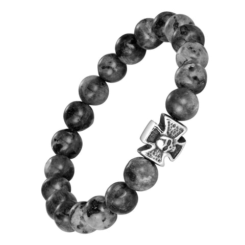 Bold Men’s Bracelet – Black Beads with Silver Color Death’s Skull and Cross Charm – Made of Black Marble & Polished Stainless Steel – Jewelry Gift or Accessory for Men
