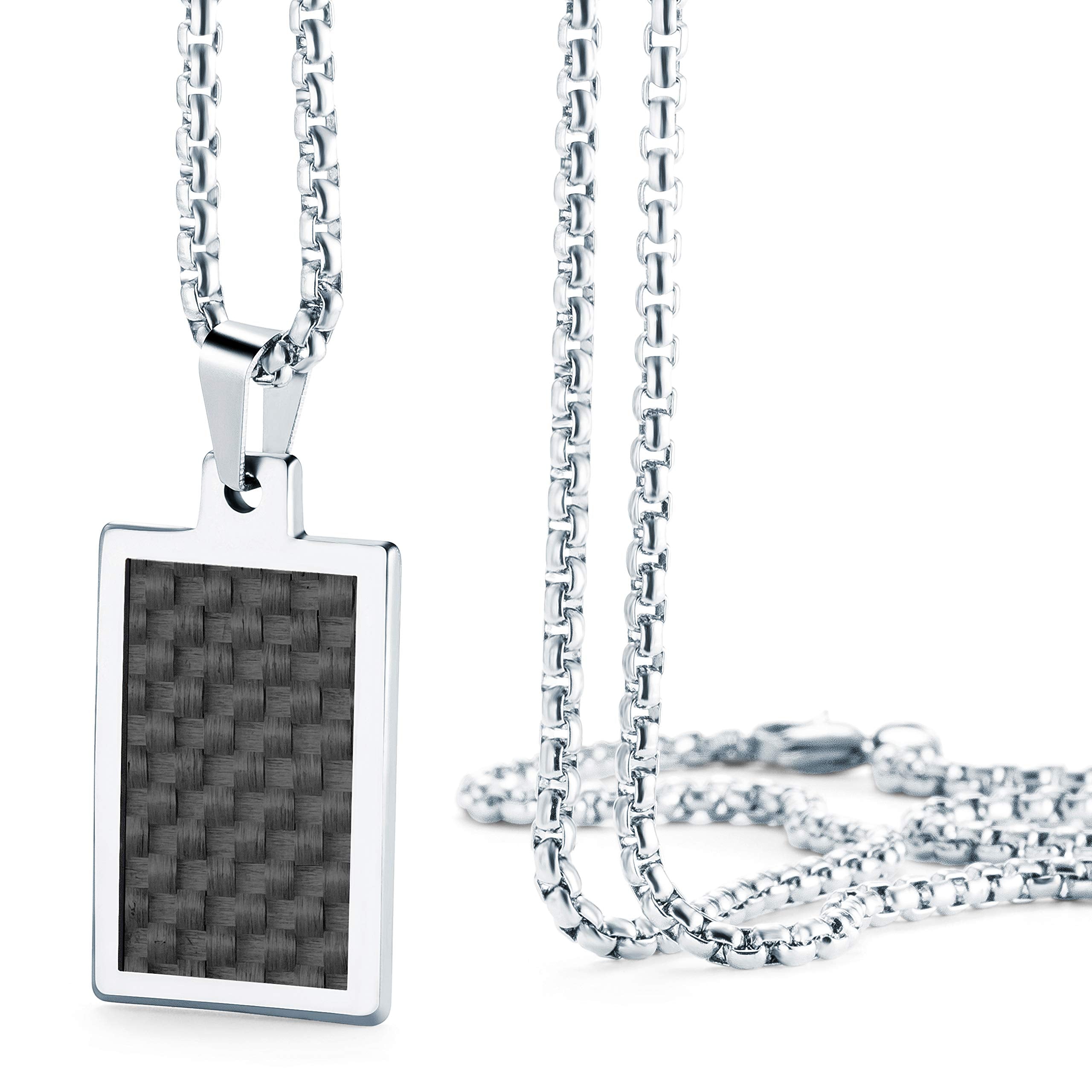 URBAN JEWELRY Solid Tungsten Carbon Fiber Pendant - Surgical Stainless Steel Silver 22 inch Necklace Chain - Modern Design with Geometric Pattern – 4 Styles and Colors to Choose from