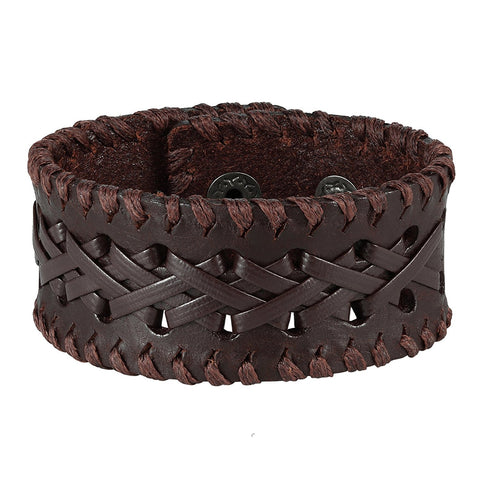 Urban Jewelry Men's Brown Genuine Leather Cuff Bangle Bracelet Weave Design (8.25", 1.2" width)