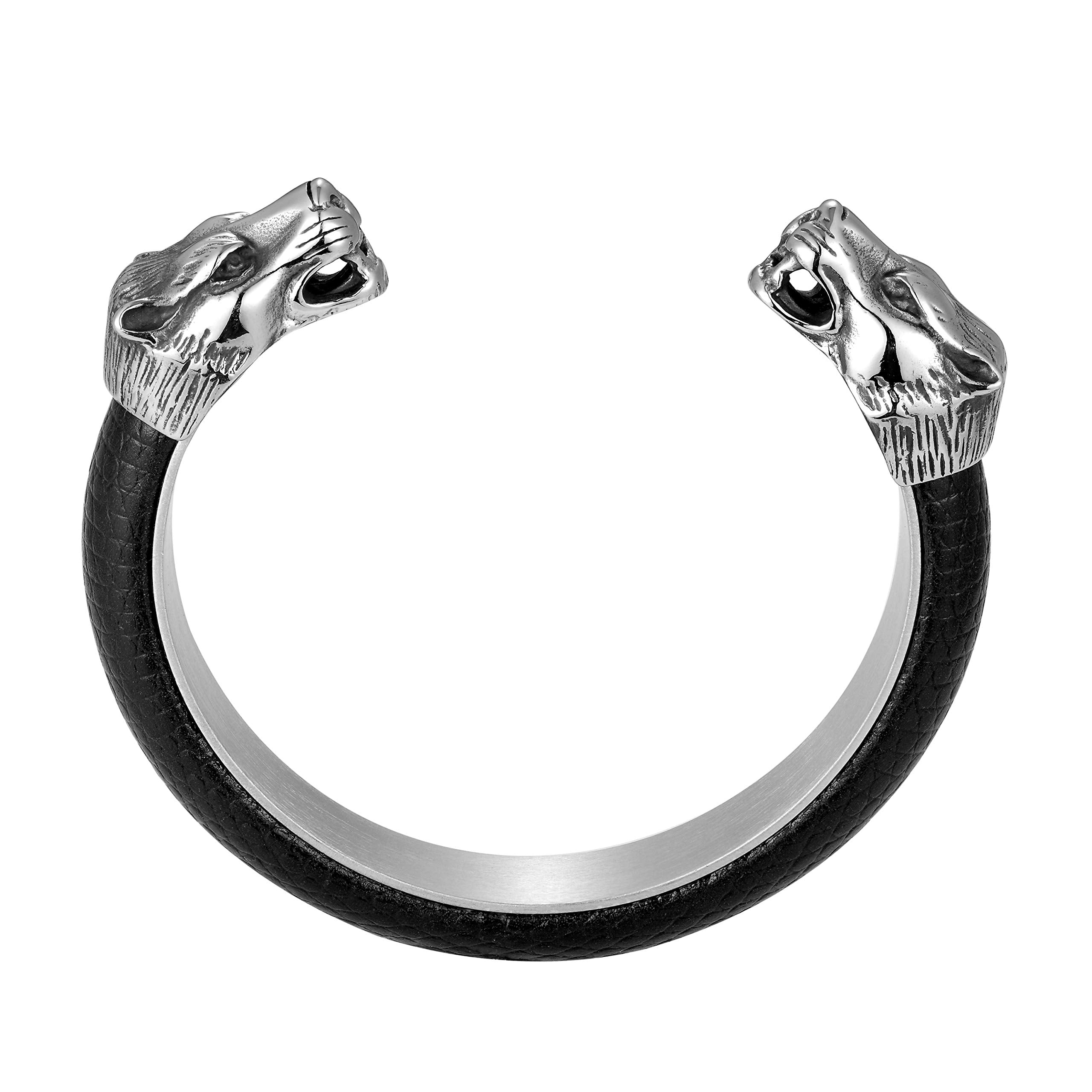 Beastly Stylish Men’s Bracelet – Wolf’s Head Adornment – Black & Polished Silver Color Band – Made of Genuine Leather & Rust Resistant Stainless Steel – Jewelry Gift or Accessory for Men