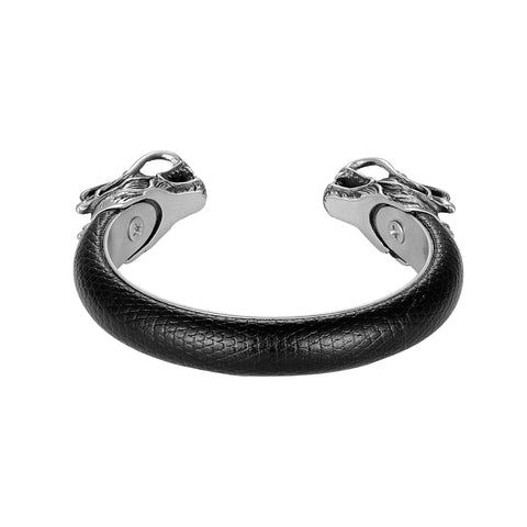 Classy Men’s Bracelet – Chinese Dragon’s Head Adornment – Black & Polished Silver Color Band – Made of Genuine Leather & Rust Resistant Stainless Steel – Jewelry Gift or Accessory for Men