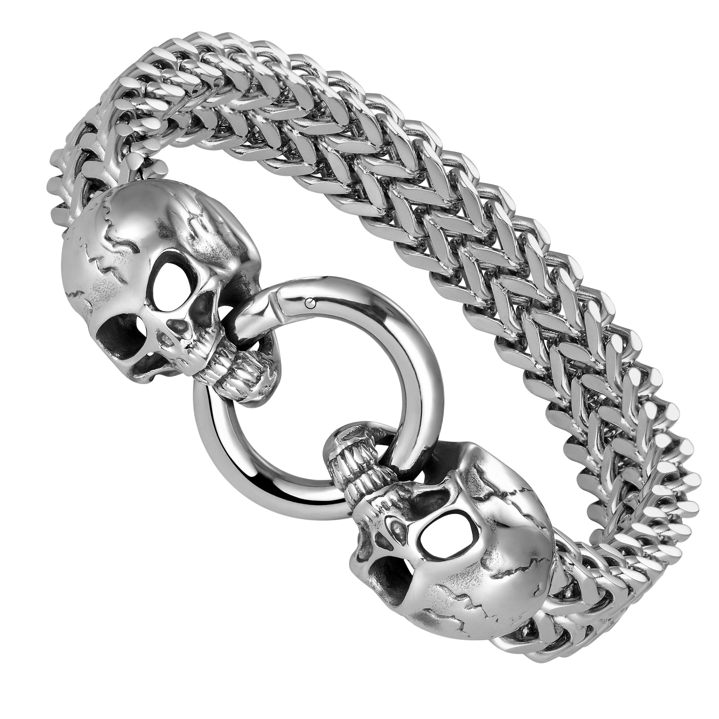 Bold Men’s Biker Bracelet, Foxtail Chain with Skull Design, Stainless Steel Polished Silver Finish