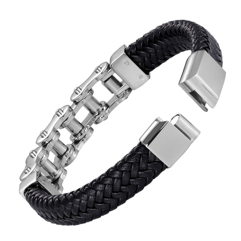 Dystopian Men’s Bracelet – Black Leather Braided Rope Bracelet with Contemporary Bike Chains – Genuine Leather & Stainless Steel – Black & Polished Silver Color – Jewelry Gift or Accessory for Men