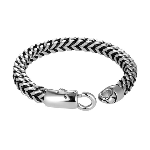 Mesmerizing Men’s Bracelet – Contrasting Silver Finish Foxtail Chain with Intricate Black Genuine Leather Detail – Rust & Discoloration Resistant Stainless Steel Chain – Jewelry Gift for Men