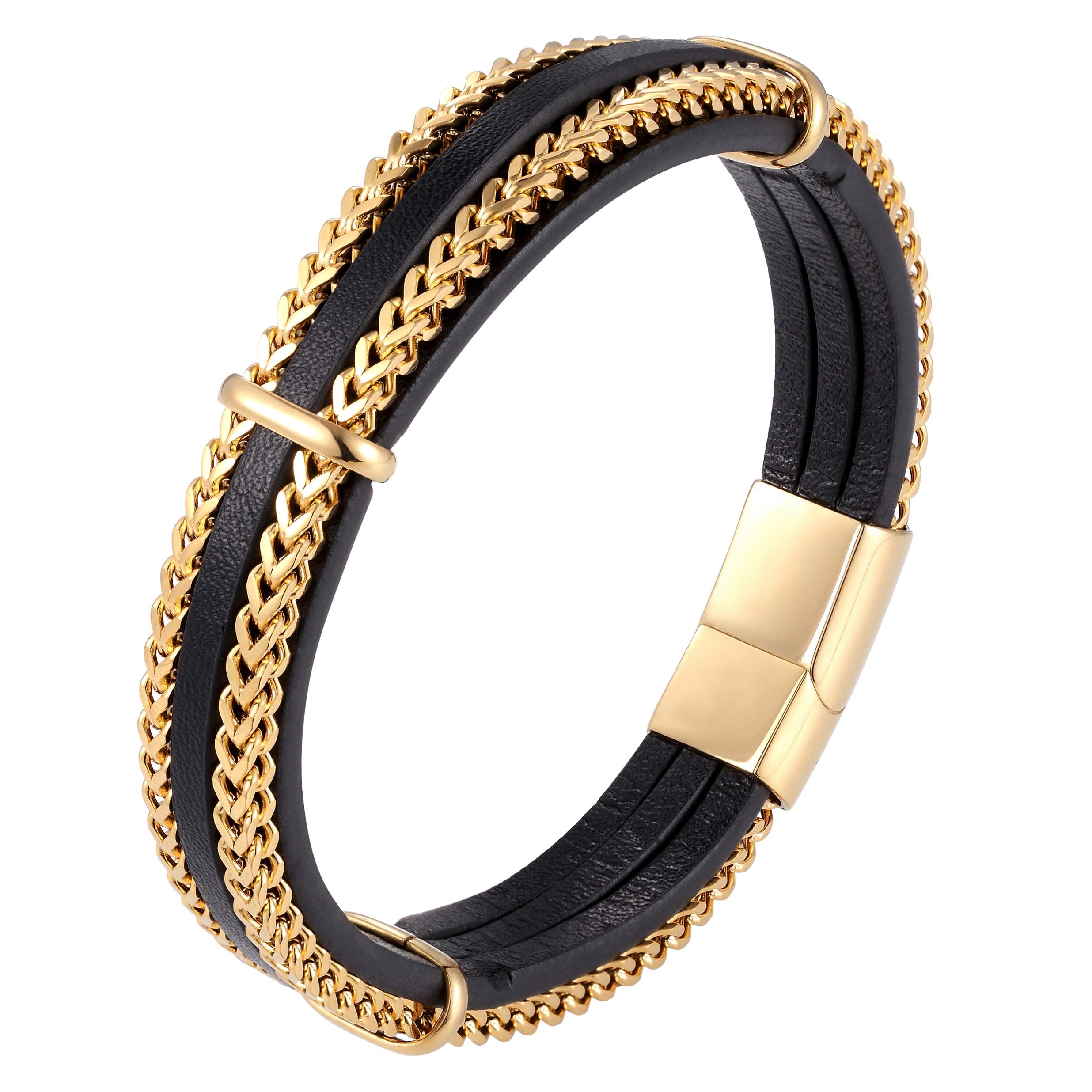 Urban Jewelry Splendid Men’s Bracelet – Silver or Gold Color Foxtail Chains with Contemporary Black Leather Detail – Made of Rust & Discoloration Resistant Stainless Steel and Genuine Leather