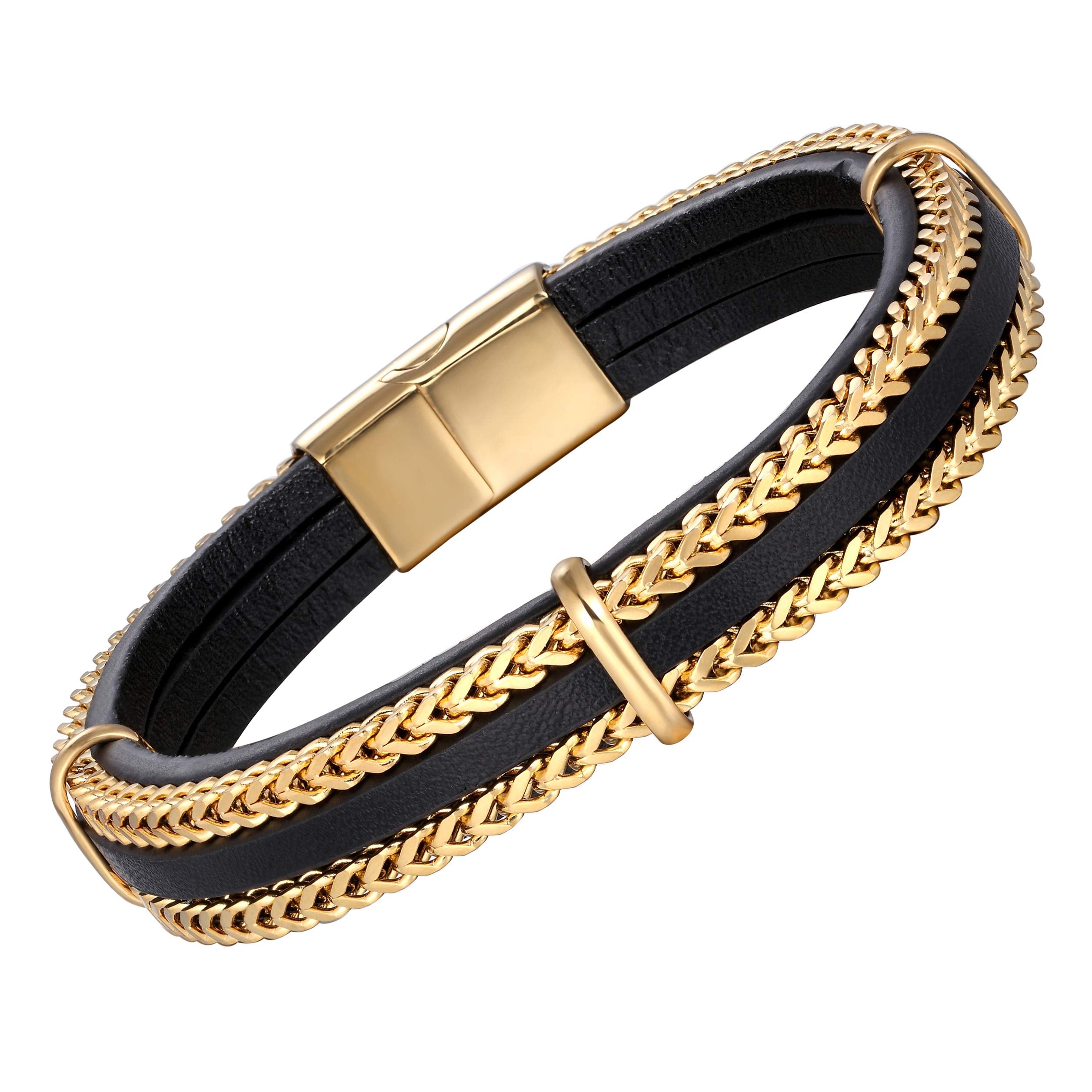 Urban Jewelry Splendid Men’s Bracelet – Silver or Gold Color Foxtail Chains with Contemporary Black Leather Detail – Made of Rust & Discoloration Resistant Stainless Steel and Genuine Leather